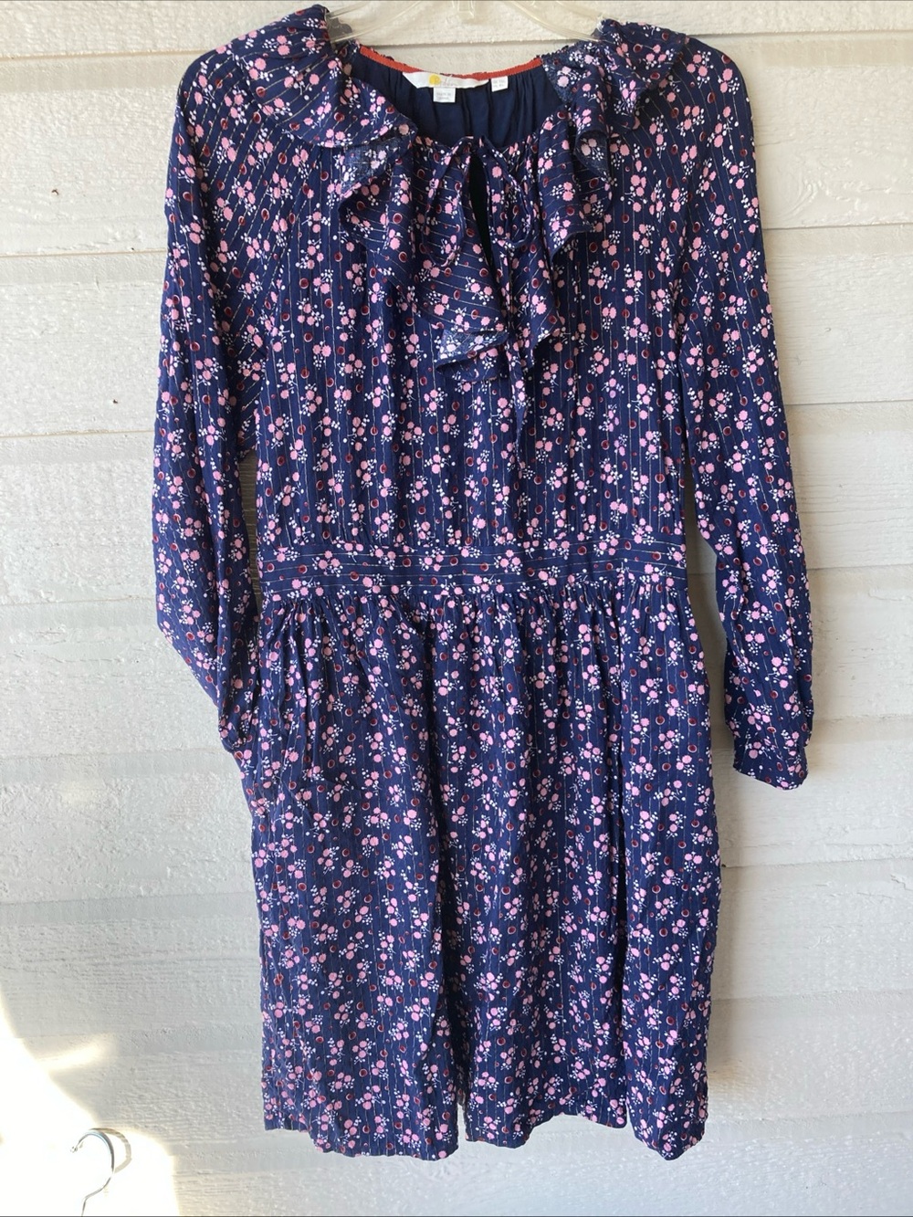 Boden Navy Floral Ruffled Neck Long Sleeve Dress size 8